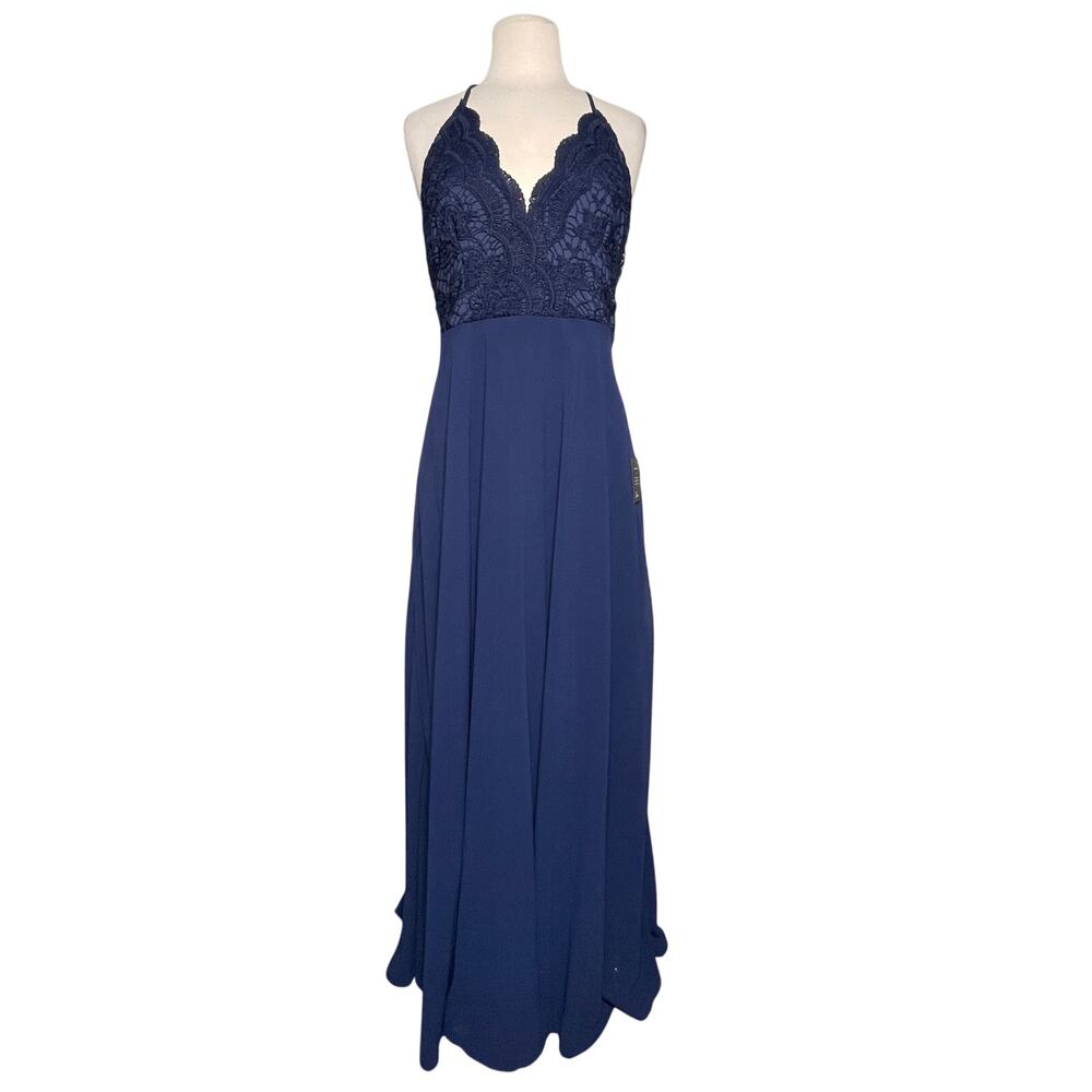 NWT LULU’s Women’s Navy Blue Chiffon Lace Maxi Full Length Dress Gown - Picture 5 of 9